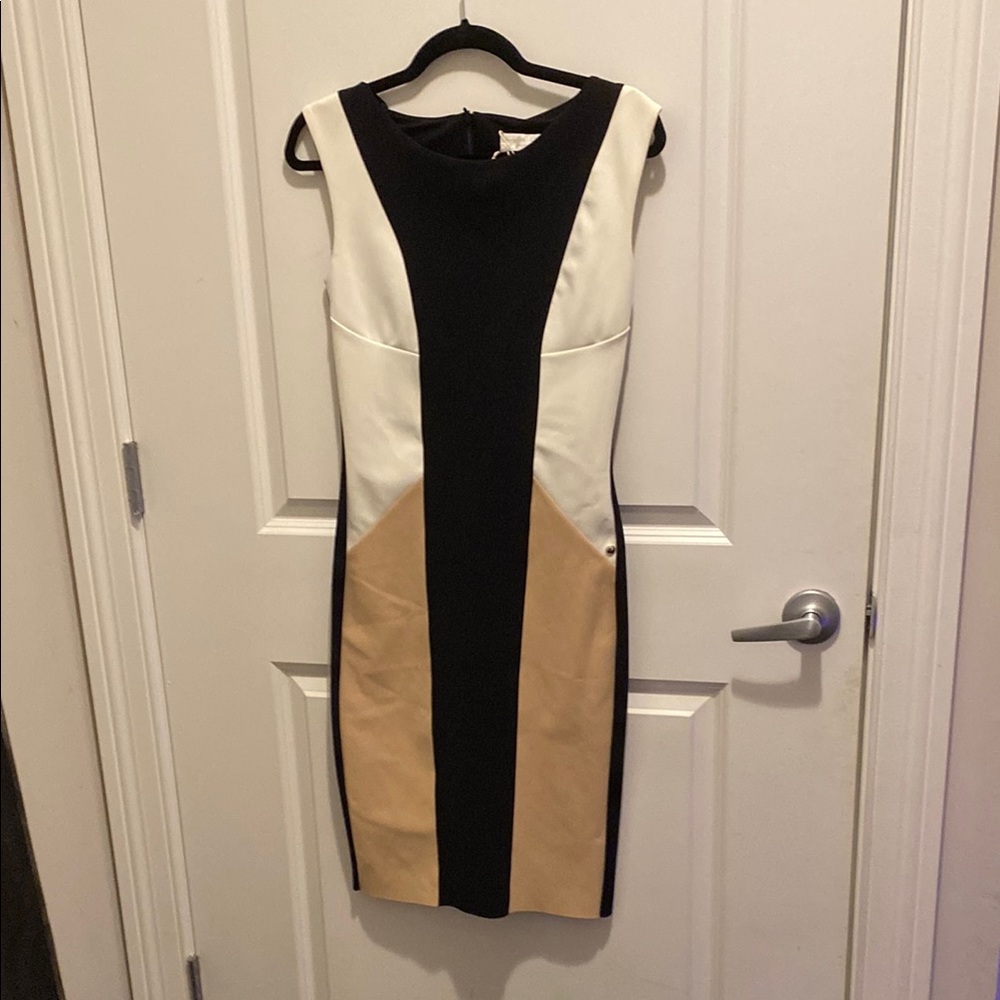 Black and Cream Sleeveless Crew Neck Sheath Midi Dress